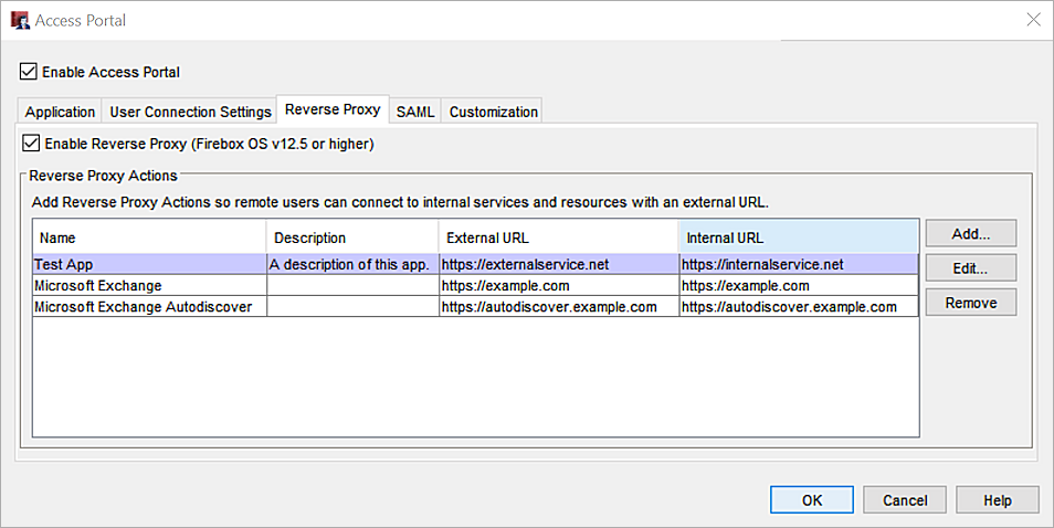 Screenshot of the settings on the Reverse Proxy tab in the Access Portal window.