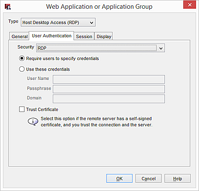 Screen shot of the authentication settings for RDP