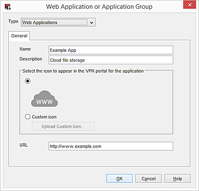 Screen shot of the Web Application or Application Group tab