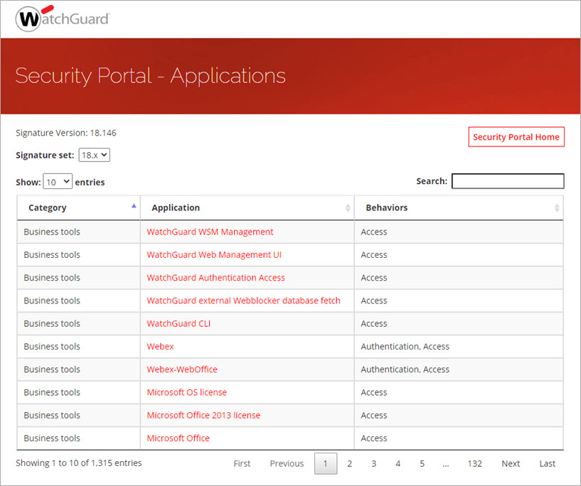 Screen shot of the Applications page in the Security Portal