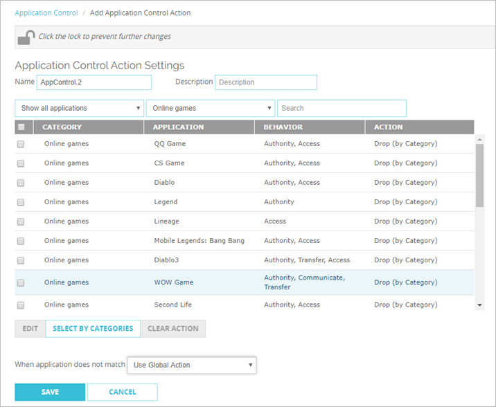 Screen shot of the New Application Control Action dialog box, with applications blocked by category