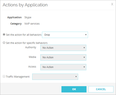 Screen shot of the Actions by Application dialog box for the Skype application