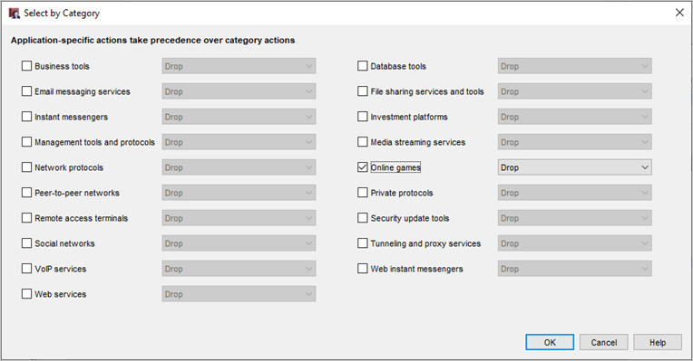 Screen shot of the Select by Category dialog box, with the Games category selected