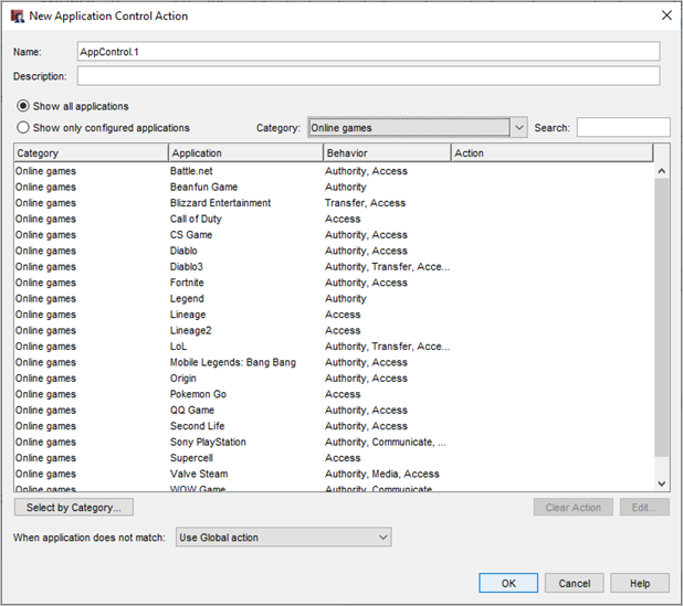 Screen shot of the Application Control Action dialog box, with applications blocked by category