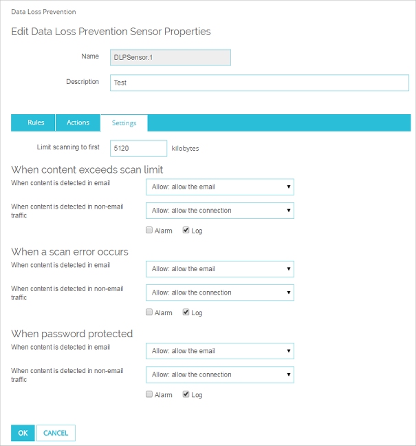 Screen shot of the Edit Data Loss Protection page, Settings tab