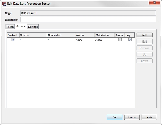 Screen shot of the Edit Data Loss Prevention Sensor dialog box, Actions tab