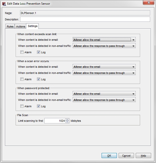 Screenshot of the DLP Settings tab in Fireware Web UI