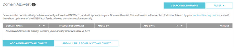 Screen shot of the DNSWatch Allowlist