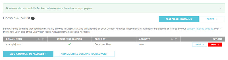Screen shot of the Allowlist with a domain added