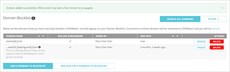 Screen shot of the Blocklist with a domain added