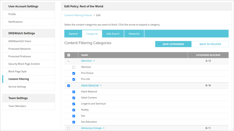 Screen shot of the Categories tab on the Content Filtering page
