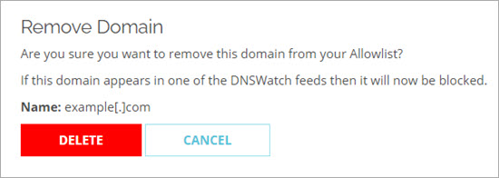 Screen shot of the Remove Domain confirmation for a domain on the Allowlist
