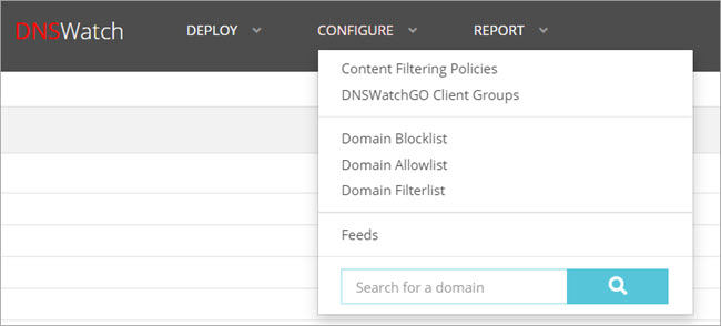 Domain Search text box in the Configure drop-down list