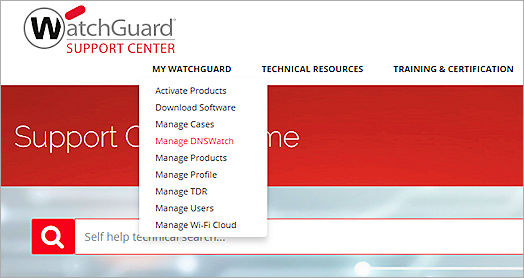 Screenshot of the WatchGuard Support Center My WatchGuard menu