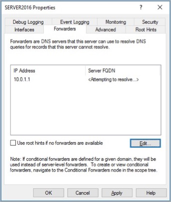 Screen shot of the DNS Forwarders configuration in Windows Server 2016