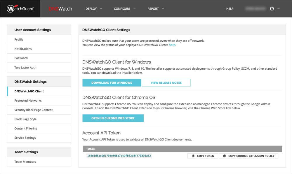 Screen shot of the DNSWatchGO Client Settings page