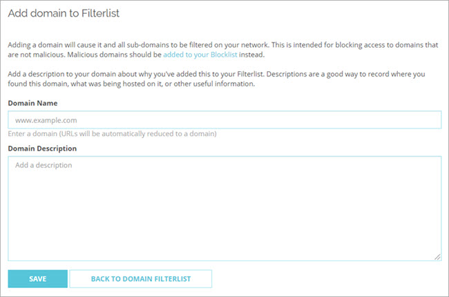 Screen shot of the Add Domain to Content Filtering page