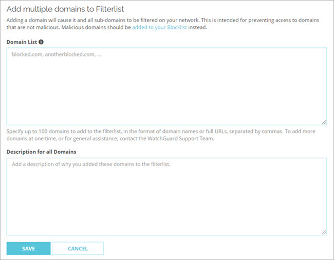 Screen shot of the Add Multiple Domains to Content Filtering page