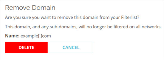 Screen shot of the Remove Domain confirmation for a content filtered domain