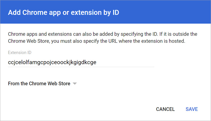 Screen shot of the Add Chrome app or extension by ID dialog box