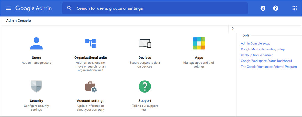 Screen shot of the Google Admin Console home page