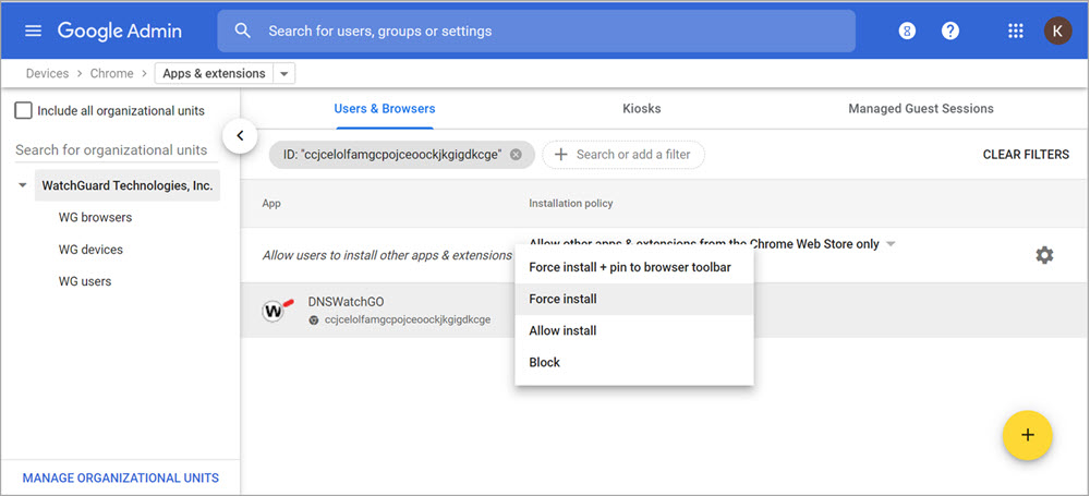 Screen shot of the Google Admin Console with WatchGuard Beta extension install options