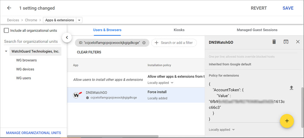 Screen shot of the DNSWatchGO Beta configuration file in the Google Admin Console