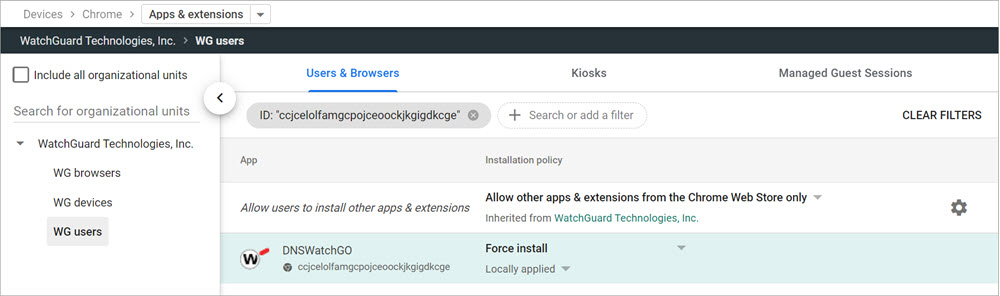 Screen shot of the Google Admin Console after the DNSWatchGO Chrome extension deployment