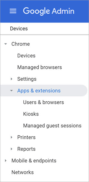 Screen shot of the Google Admin left navigation menu