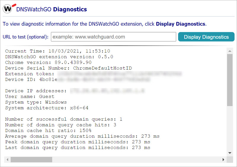 Screen shot of the DNSWatchGO Diagnostics dialog box with details