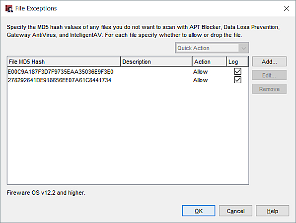 Screenshot of the File Exceptions dialog box.