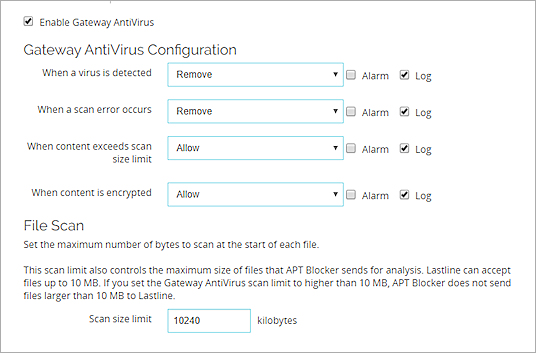 Screen shot of the Gateway AntiVirus settings in a proxy action in Fireware Web UI