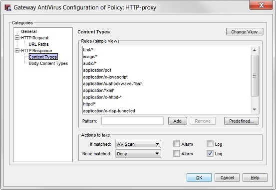 Screen shot of the Gateway AntiVirus configuration in the HTTP-proxy, Content Types category