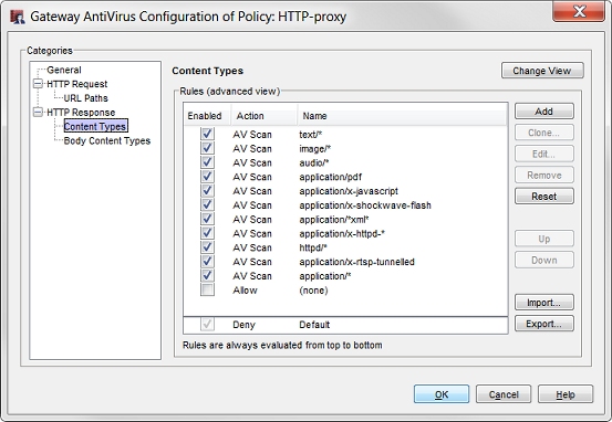Screen shot of the Gateway AntiVirus configuratin for the HTTP-proxy, Content Types, Advanced view