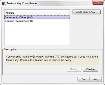 Screen shot of the Policy Manager Feature Key Compliance dialog box