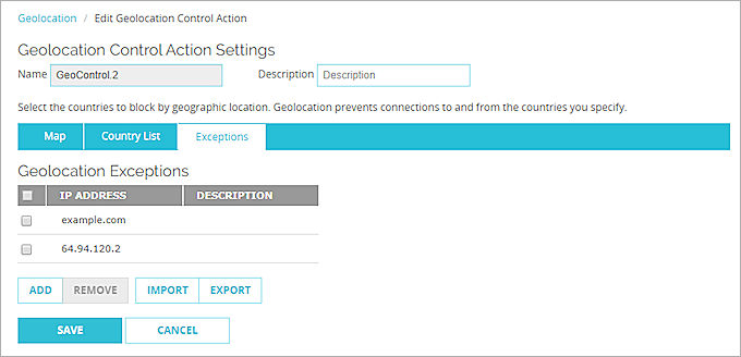 Screen shot of Geolocation exceptions list in Fireware Web UI.
