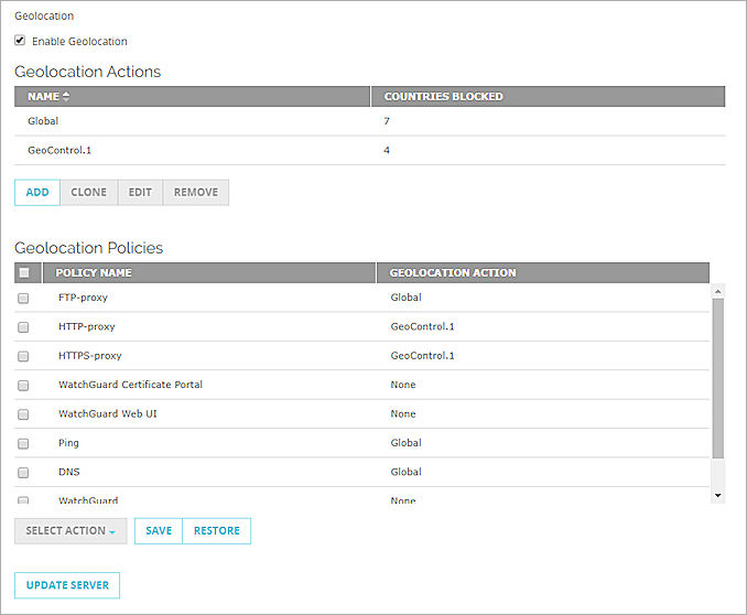 Screen shot of Geolocation page in Fireware Web UI.