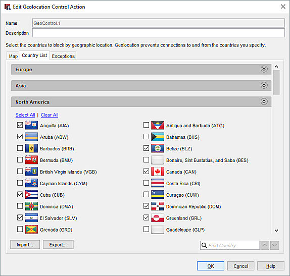 Screen shot of the Geolocation dialog box, Country List tab