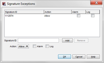 Screen shot of the Signature Exceptions dialog box