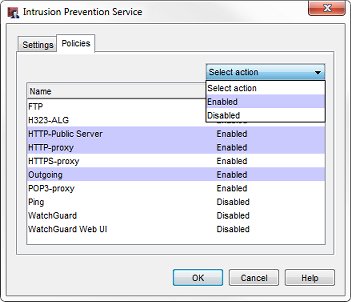 Screen shot of the Intrusion Prevention Service dialog box, Policies tab
