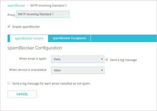 Screen shot of the Web UI spamBlocker Configuration page
