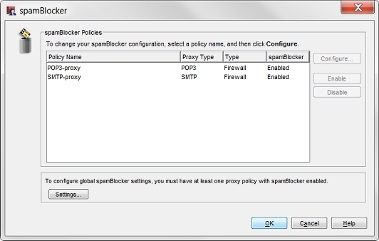 Screen shot of the spamBlocker configuration page showing the SMTP and POP3 proxy policies