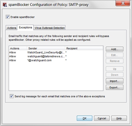 Screen shot of the spamBlocker Configuration of Policy dialog