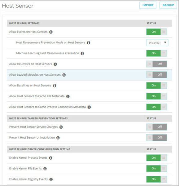 Screen shot of the Host Sensor settings page