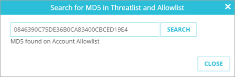 Screen shot of the MD5 in Threatlist and Allowlist dialog box
