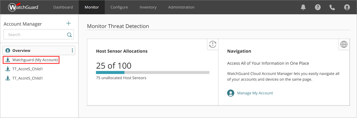 Screen shot of the Service Provider view in WatchGuard Cloud