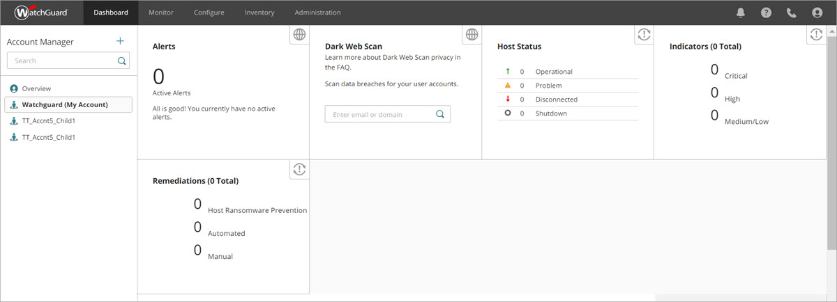 Screen shot of the dashboard of a selected account in Service Provider view