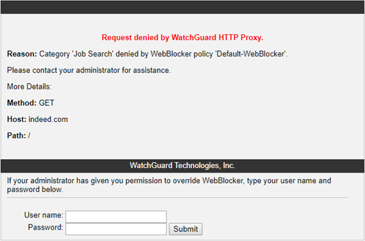Screen shot of the WebBlocker Override Deny message as it appears in the browser