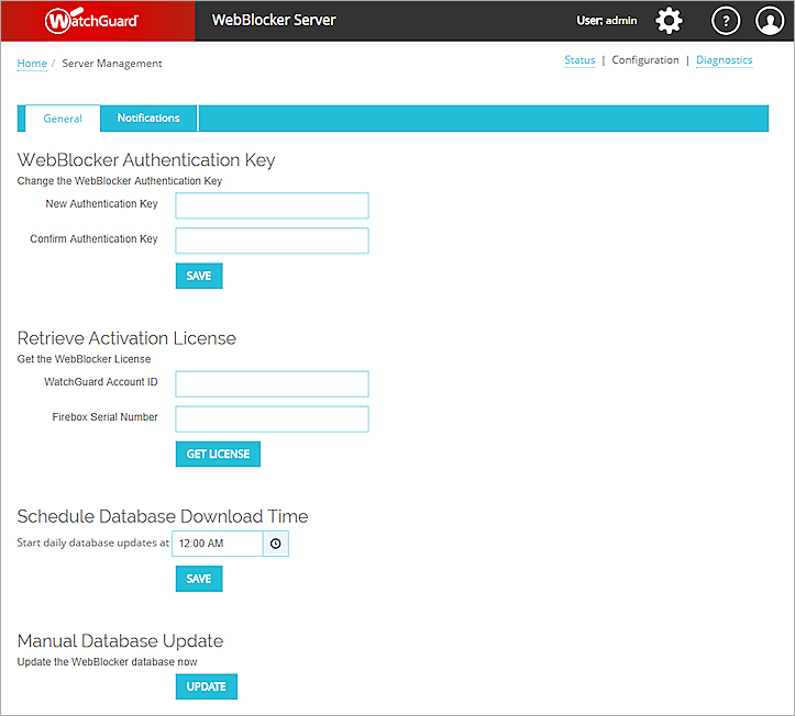 Screenshot of the Configuration page with the General tab selected.