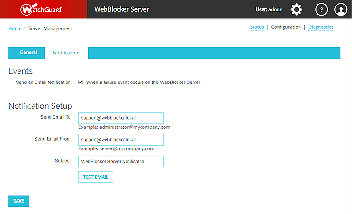 Screenshot of Server Management page Notifications tab